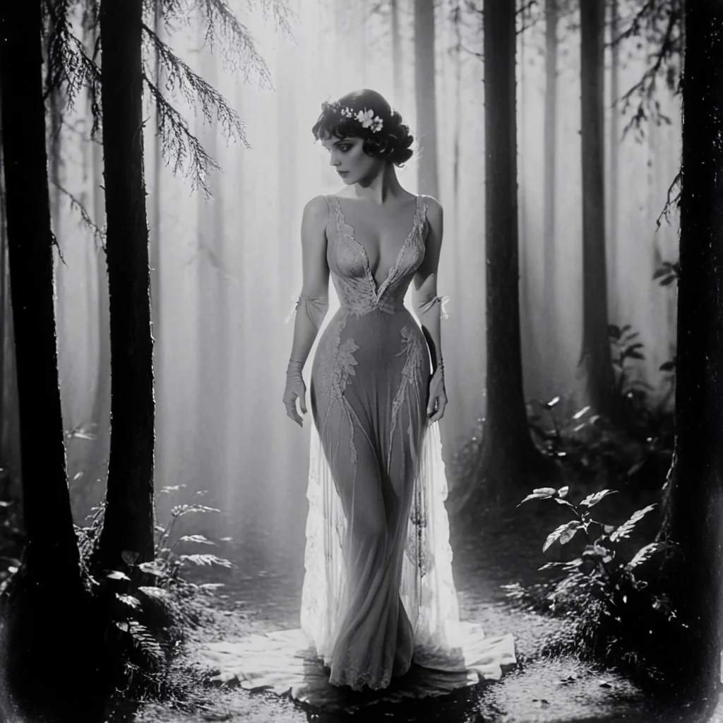 <lora:20s_Silent_MovieSDXL:1> ArsMovieStill, 20s Silent Movie Still, Black and White, The image is a black and white photograph of a woman standing in a forest. She is wearing a long flowing dress with a deep V-neckline and a lace overlay. The dress is long and flowy reaching her knees. The woman is standing in the center of the image with her back to the camera facing away from the camera. She has her hair styled in an updo with a flower in her hair. The background is filled with tall trees and foliage and the sunlight is shining through the trees creating a dappled effect on the woman's face. The overall mood of the photograph is mysterious and ethereal., 1girl, greyscale, monochrome, solo, dress, nature, forest, breasts, gloves, elbow gloves