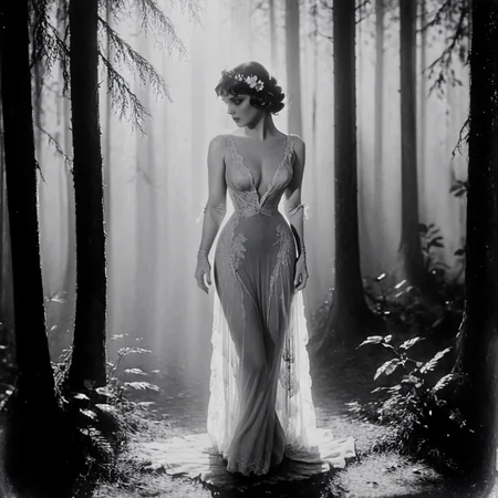<lora:20s_Silent_MovieSDXL:1> ArsMovieStill, 20s Silent Movie Still, Black and White, The image is a black and white photograph of a woman standing in a forest. She is wearing a long flowing dress with a deep V-neckline and a lace overlay. The dress is long and flowy reaching her knees. The woman is standing in the center of the image with her back to the camera facing away from the camera. She has her hair styled in an updo with a flower in her hair. The background is filled with tall trees and foliage and the sunlight is shining through the trees creating a dappled effect on the woman's face. The overall mood of the photograph is mysterious and ethereal., 1girl, greyscale, monochrome, solo, dress, nature, forest, breasts, gloves, elbow gloves