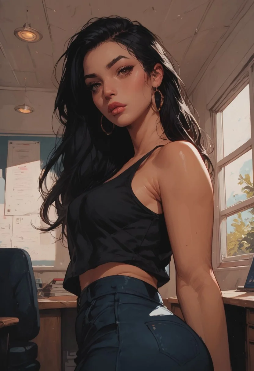 score_9, score_8_up, score_7_up, score_6_up, rating_questionable, score_8_up, score_9, highest quality, extremely detailed, 4k, 8k, amazing quality, masterpiece, 45 year old, mature woman, olive skin, ((cute face)), innocent face, pretty face, slanted eyes, brown eyes, long eyelashes, eyeliner, long hair, black hair, ((perfectly straight hair, sleek hair)), thick lips, full lips, skinny, (slim build), small waist, big breasts, large breasts, black tank top, bluejeans, school office, (office background), back view, ass view, low angle pov