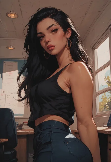 score_9, score_8_up, score_7_up, score_6_up, rating_questionable, score_8_up, score_9, highest quality, extremely detailed, 4k, 8k, amazing quality, masterpiece, 45 year old, mature woman, olive skin, ((cute face)), innocent face, pretty face, slanted eyes, brown eyes, long eyelashes, eyeliner, long hair, black hair, ((perfectly straight hair, sleek hair)), thick lips, full lips, skinny, (slim build), small waist, big breasts, large breasts, black tank top, bluejeans, school office, (office background), back view, ass view, low angle pov