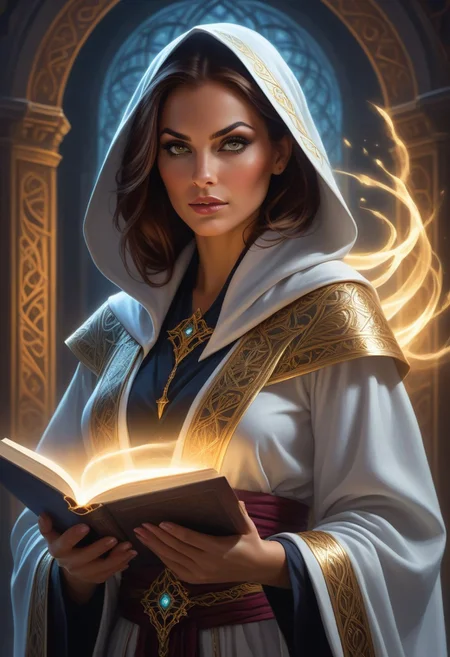 warlock woman, robed in light fabrics, holding a book of guardian spells, dynamic view, dynamic pose, dynamic angle, mystical atmosphere, high detail, fantasy art, vibrant lighting, ethereal glow, cinematic composition, intricate patterns on robes, enchanting background, masterpiece digital painting by Artgerm and Mike Mignola, 4k resolution, <lora:SecretLab:1> silver
