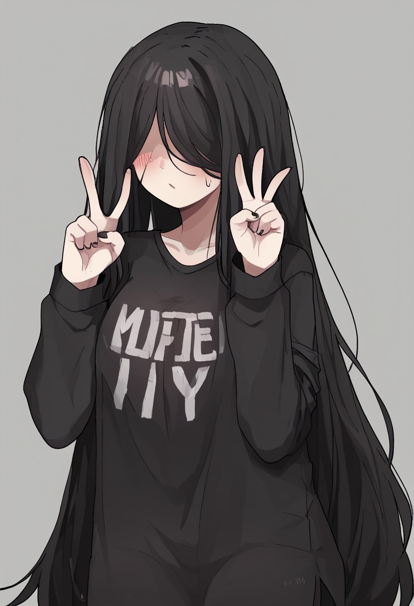 masterpiece, perfect face, beautiful face, 1girl, MartinaLOR, black hair, long hair, hair over eyes, black shirt, oversized clothes, blush, ..., nyamnya, peace sign, v