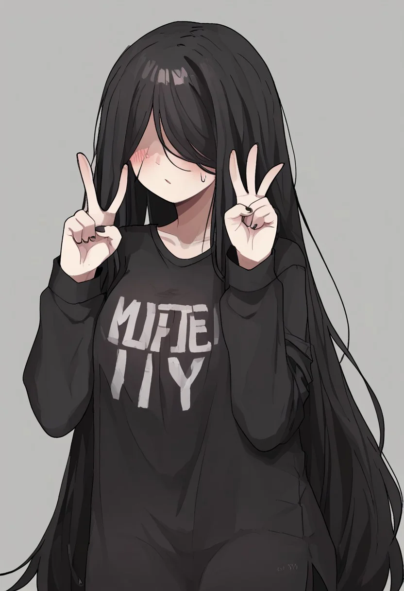 masterpiece, perfect face, beautiful face, 1girl, MartinaLOR, black hair, long hair, hair over eyes, black shirt, oversized clothes, blush, ..., nyamnya, peace sign, v
