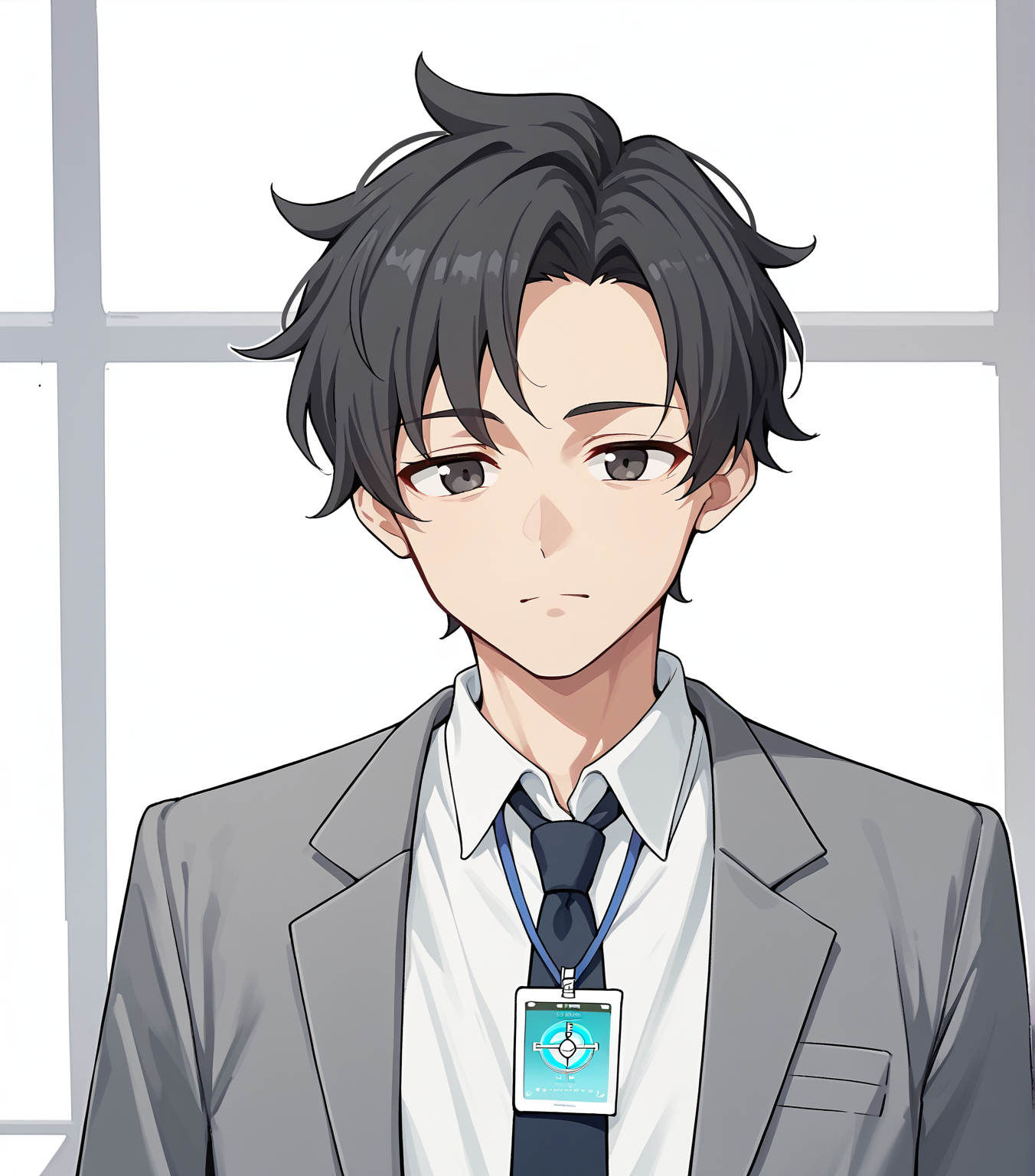 score_9, score_8_up, score_7_up, score_6_up, score_5_up, score_4_up, BREAK, cowboy shot, solo,
<lora:sensei-11:1>, senseianime, black hair, collared shirt, necktie, id card, grey suit
