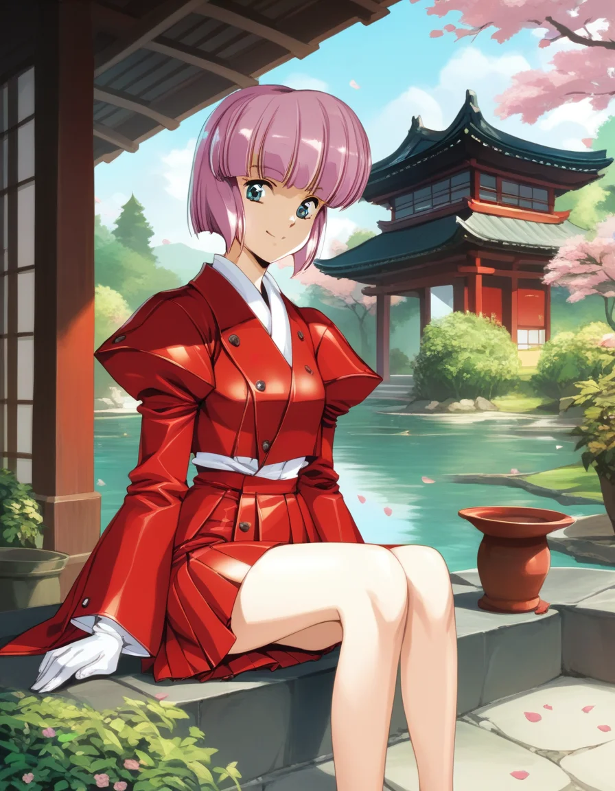 score_9,  score_8_up, score_7_up
<lora:diana-silverneil-000030:1> diana silverneil, gloves, long sleeves, pleated skirt, red skirt, puffy sleeves, red coat,
1girl, solo, sitting, smile, outdoors, japanese house, garden, tree, petals