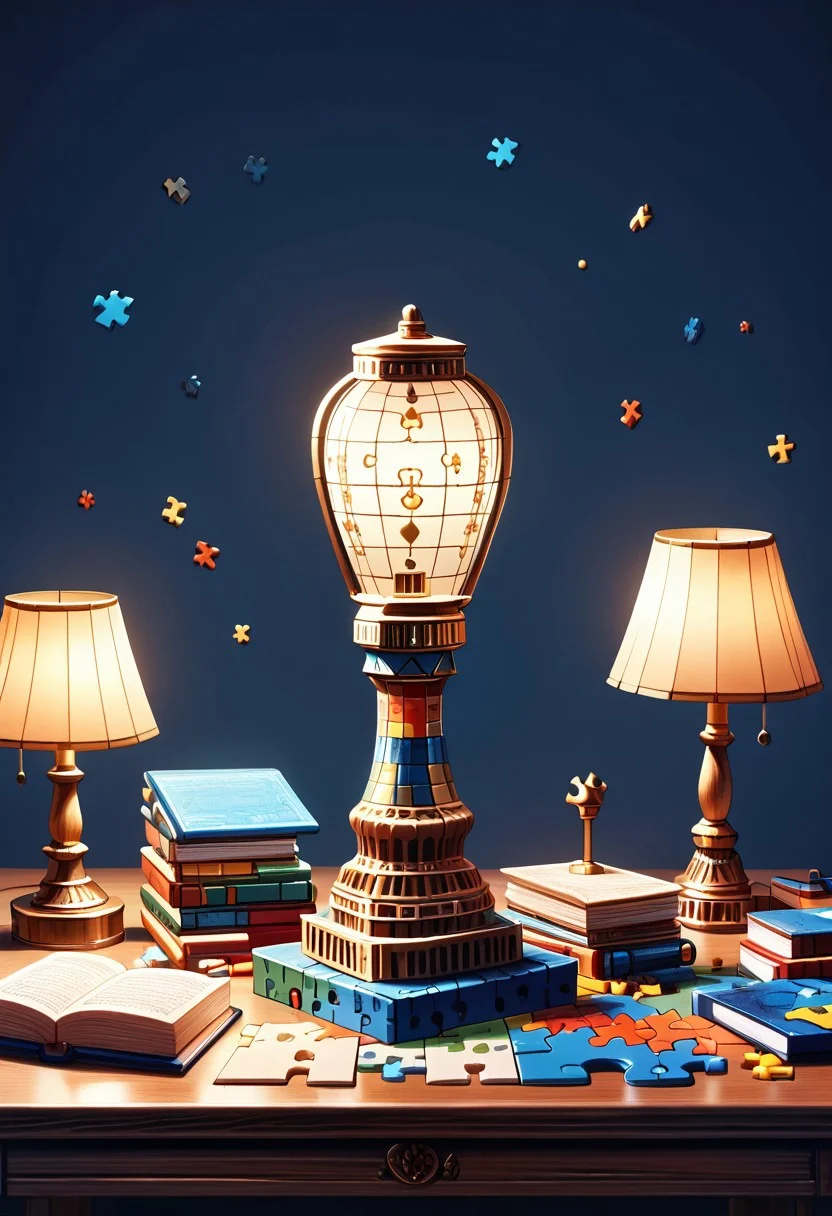 (absurdres, best quality, masterpiece:1.4), amazing quality, highres, newest, detailed, score_9, score_8_up, score_7_up, score_6_up, puzzle_morph_rks, desk lamp with a puzzle pattern lampshade
