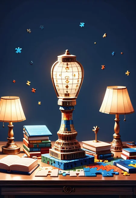(absurdres, best quality, masterpiece:1.4), amazing quality, highres, newest, detailed, score_9, score_8_up, score_7_up, score_6_up, puzzle_morph_rks, desk lamp with a puzzle pattern lampshade