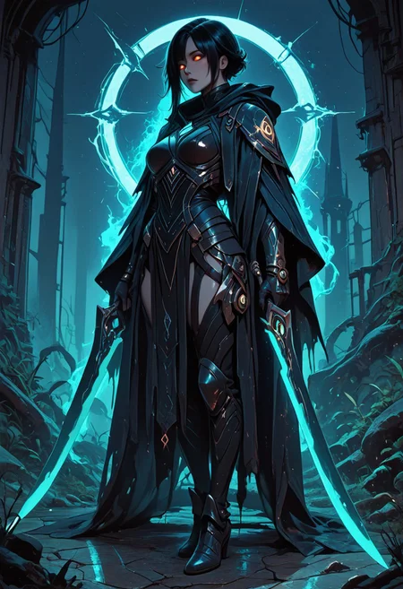 (masterpiece), (best quality), 8k, 1girl, celestial assassin, intense low lighting, glowing crescent blades, dual-wielding, shadowed face, glowing eyes, dark eclipse sky behind her, glowing voidlight aura, mystical sigils on ground, standing on fallen enemy, long flowing cloak fluttering, sci-fi fantasy armor with celestial patterns, moonlit silhouette, cinematic perspective, ethereal particles, solemn expression, radiant eclipse corona, sleek asymmetrical hairstyle, atmosphere of silent finality,