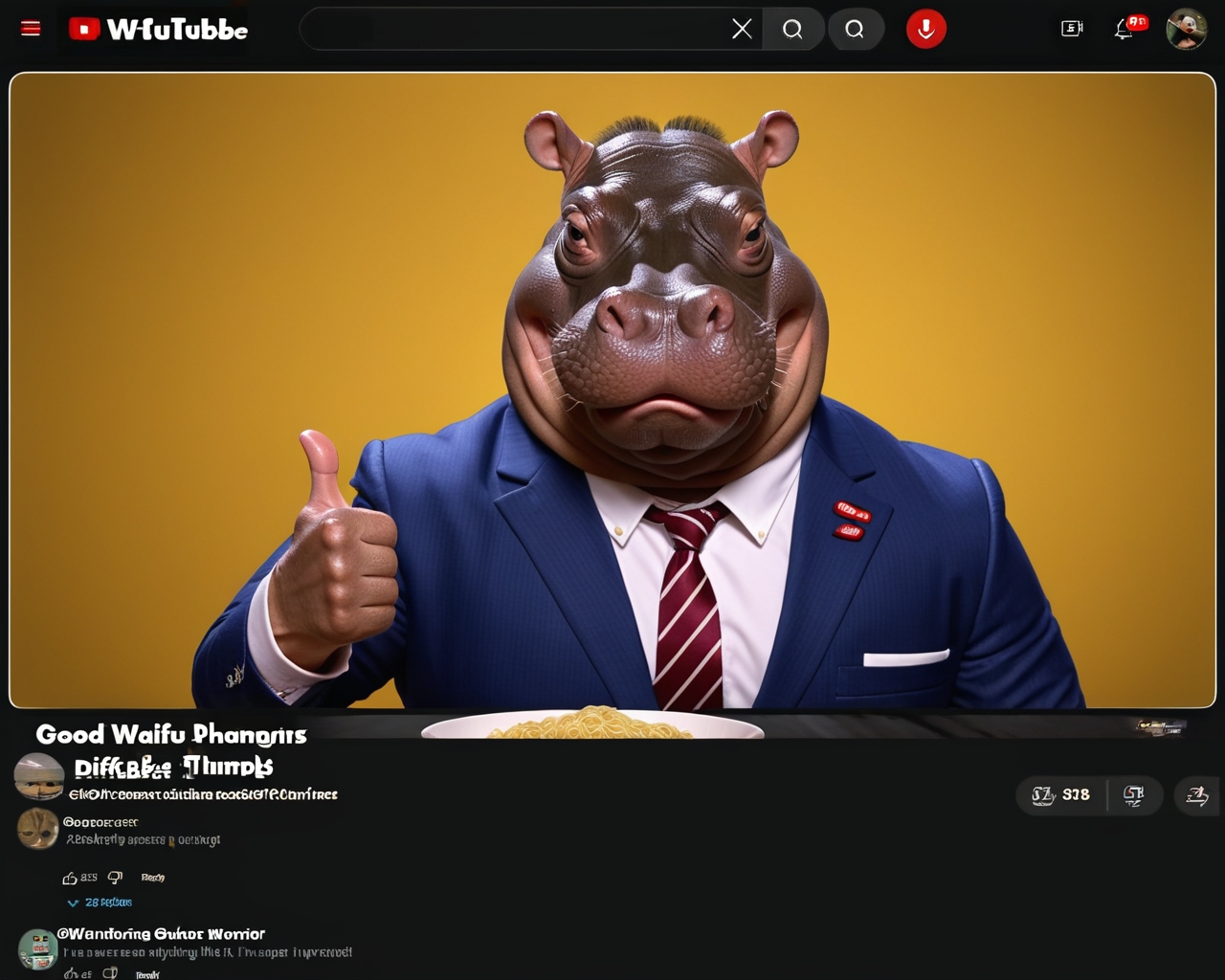 hyperdetailed photography, masterpiece
1Hippo, Hippo, solo, suits, glasses, tie, thumbs up
(ramen:1.2), Ramen bowl, Restaurants, Food Report, Thumbs Down, Frown
from front
<lora:Video_Sharing_Screen_02:1.0>, video_sharing_screen, chat log, english text, fake screenshot, YouTube