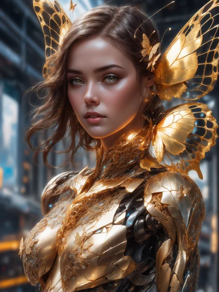 photo, 8k portrait of beautiful cyborg with brown hair, intricate, elegant, highly detailed, majestic, digital photography, art by artgerm and ruan jia and greg rutkowski surreal painting gold butterfly filigree, broken glass, (masterpiece, sidelighting, finely detailed beautiful eyes: 1.2), hdr, realistic, high definition
