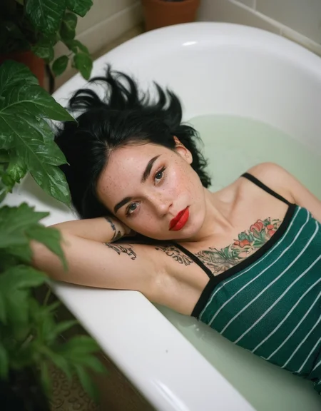 woman, freckles, red lipstick, black hair, lying down, green plants, striped clothing, bathtub, top view, tattoo on arm, looking at camera, finger on cheek, indoor, ornamental vegetation, natural light, soft focus, shallow depth of field, warm tones, youthful appearance, serene expression., Fujifilm XT3, Canon R5, Fujicolor Fujichrome Velvia 100