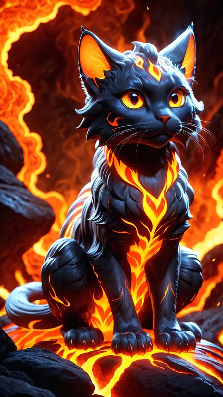 3d render, lava cat, sitting on a rock with tail wrapped around, glowing lava eyes, volcanic landscape with flowing lava rivers, detailed scales and molten fur, smoke and lava particles in the air, hyper-detailed, extremely complex, vivid colors, anime-style lighting, cinematic composition, side view