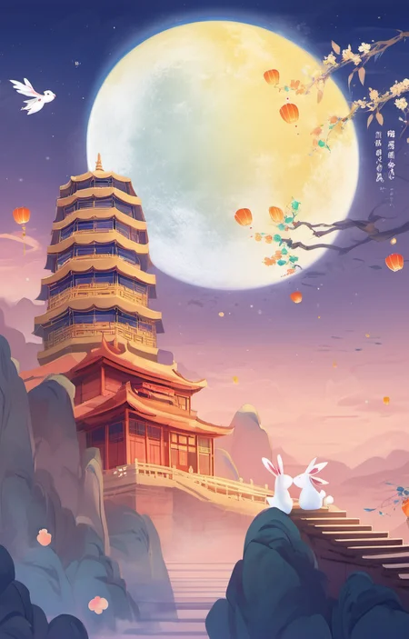 ethereal fantasy concept art of masterpiece,best quality,<lora:zqhb-000009:0.8>,scenery,bunny,east_asian_architecture,full_moon,poster design,night_sky,border,say,put the mooncakes on the plate,(there is a girl in the moon), . magnificent, celestial, ethereal, painterly, epic, majestic, magical, fantasy art, cover art, dreamy