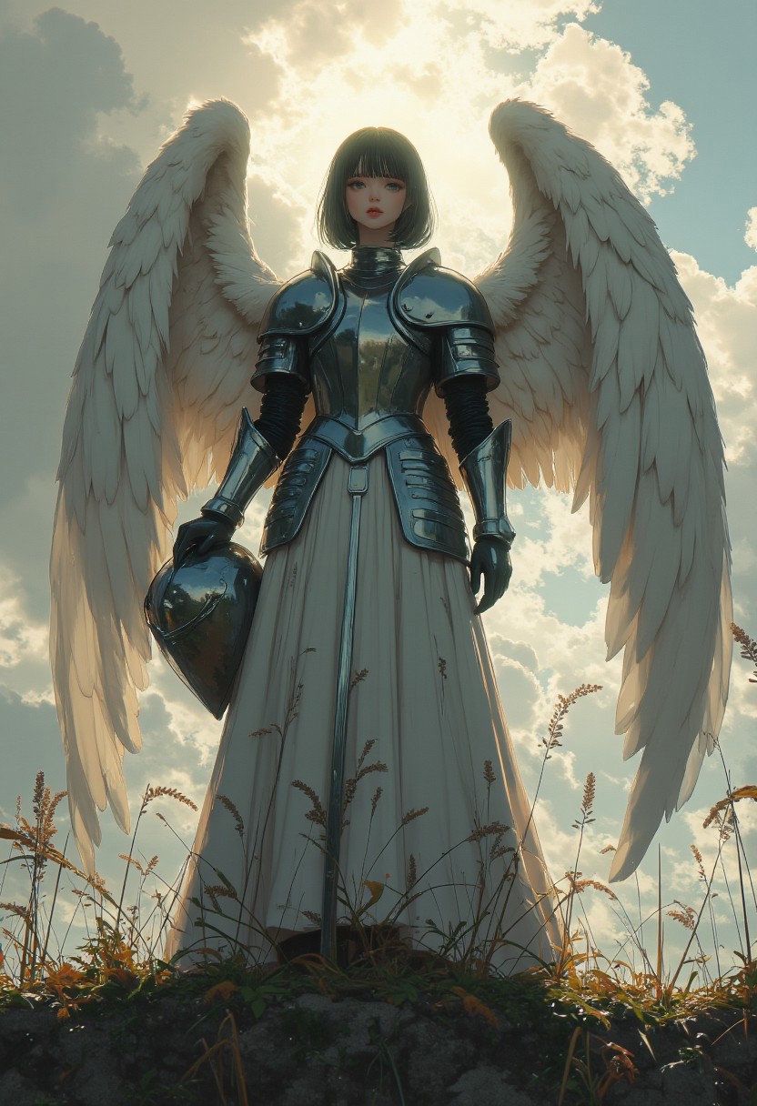 score_9, score_8_up, score_7_up, score_6_up, _Style, masterpiece, high quality, extremely detailed, detailed background, standing tall, holy presence, perfect fingers, perfect face, angel girl, solo, perfect face, sun breaking through the clouds, battlefield background, outside, gloomy sky, seated on cliff, swords in the ground, light through the darkness, very beautiful girl, knight boots, very short hair, knight, solo, angel, holding helmet, armor, silver armor, fully covered in armor, solemn, stoic, shining armor, angel wings, wings out, framed by feathers, realistic, helmet, lighting<lora:Midjourney_Whisper_Minimal:1>,