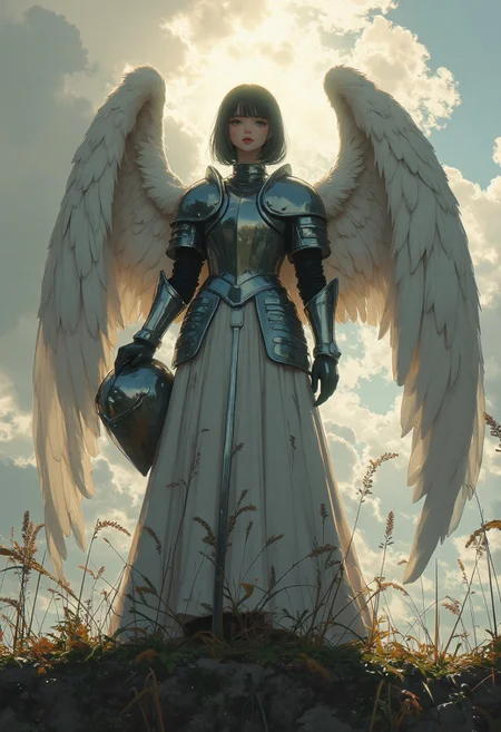 score_9, score_8_up, score_7_up, score_6_up, _Style, masterpiece, high quality, extremely detailed, detailed background, standing tall, holy presence, perfect fingers, perfect face, angel girl, solo, perfect face, sun breaking through the clouds, battlefield background, outside, gloomy sky, seated on cliff, swords in the ground, light through the darkness, very beautiful girl, knight boots, very short hair, knight, solo, angel, holding helmet, armor, silver armor, fully covered in armor, solemn, stoic, shining armor, angel wings, wings out, framed by feathers, realistic, helmet, lighting<lora:Midjourney_Whisper_Minimal:1>,
