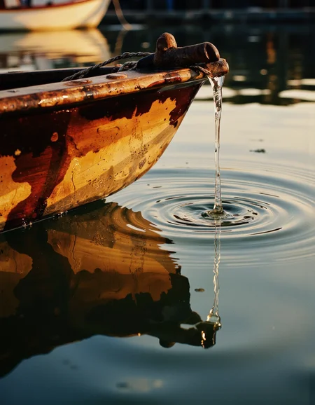 A highly detailed cinematic photography.
Boat, dripping, water, reflections, transparency, provoking, vivid color, golden hour.