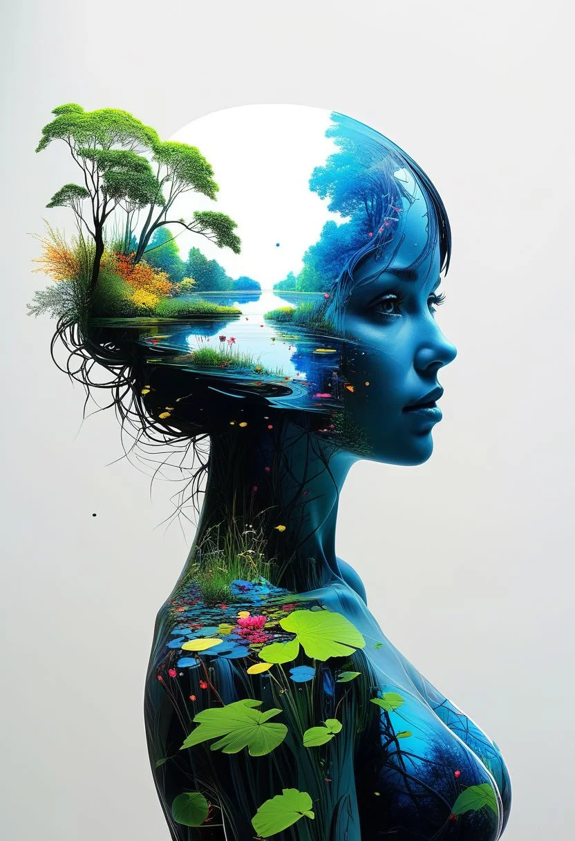 mysterious silhouette of woman from the enchanted pond, abstract art, by Minjae Lee, Carne Griffiths, Emily Kell, Geoffroy Thoorens, Aaron Horkey, Jordan Grimmer, Greg Rutkowski, extraordinary depth, masterpiece, surreal, geometric patterns, extremely detailed, bokeh, perfect balance , deep and thin edges, artistic photorealism, smoothness, excellent masterpiece by the head of rapid engineering, (white background: 1.2),