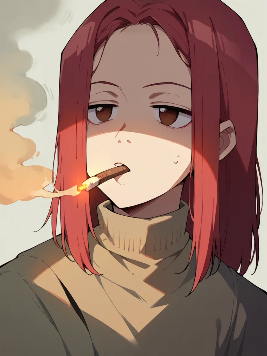 score_9, score_8_up, score_7_up, score_6_up, score_5_up, <lora:FLCLXLP:1> flcl, brown eyes, red hair, smoking, 1girl,