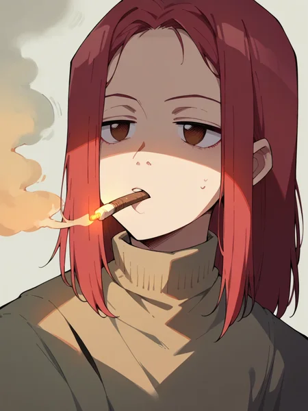 score_9, score_8_up, score_7_up, score_6_up, score_5_up, <lora:FLCLXLP:1> flcl, brown eyes, red hair, smoking, 1girl,