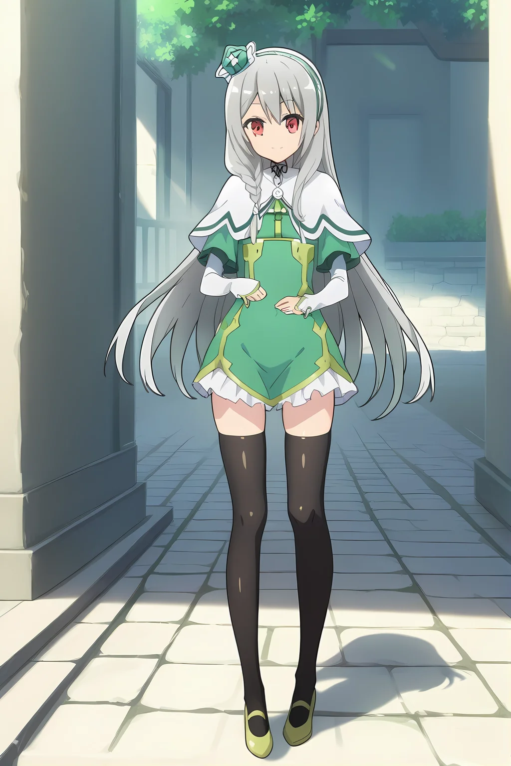 (green dress white capelet green headdress black thighhighs:1.40), ig-maidena, grey hair, red eyes, 1girl, solo, skinny, score_9, score_8_up, score_8, score_7_up, score_7, score_6_up, score_6, score_5_up, score_5, source_anime, (happy:1.10), outdoors, (standing:1.20), (silent comic:1.20), feet, <lora:ig-maidena-V01-000004:0.80> small breasts, long hair, single braid
