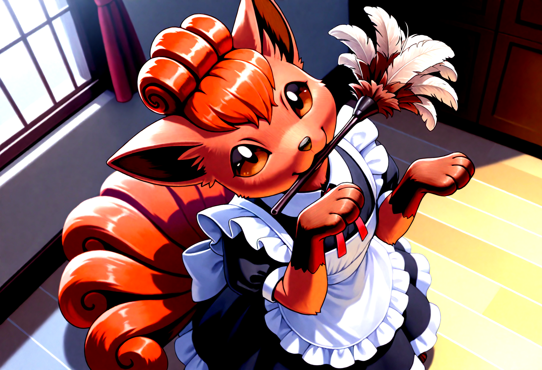 general artwork, heartwarming view from above on feral vulpix,
vulpix \(Pokemon\) is disarmingly head tilt, 
vulpix is dressed in cute maid dress, 
vulpix is standing near curtains, rich manor, 
dynamic pose,
( the Feather duster is held in  mouth:1.2), 
masterpiece, good quality, best quality,very awa, very as2,  highres, absurdres,  detailed, ultradetailed,  realistic,
<lora:illustriousXL_stabilizer_v1.23:0.25>    <lora:spo_sdxl_10ep_4k-data_lora_webui:0.75>  <lora:sd_xl_dpo_lora_v1:1.2> .