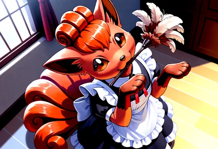general artwork, heartwarming view from above on feral vulpix,
vulpix \(Pokemon\) is disarmingly head tilt, 
vulpix is dressed in cute maid dress, 
vulpix is standing near curtains, rich manor, 
dynamic pose,
( the Feather duster is held in  mouth:1.2), 
masterpiece, good quality, best quality,very awa, very as2,  highres, absurdres,  detailed, ultradetailed,  realistic,
<lora:illustriousXL_stabilizer_v1.23:0.25>    <lora:spo_sdxl_10ep_4k-data_lora_webui:0.75>  <lora:sd_xl_dpo_lora_v1:1.2> .