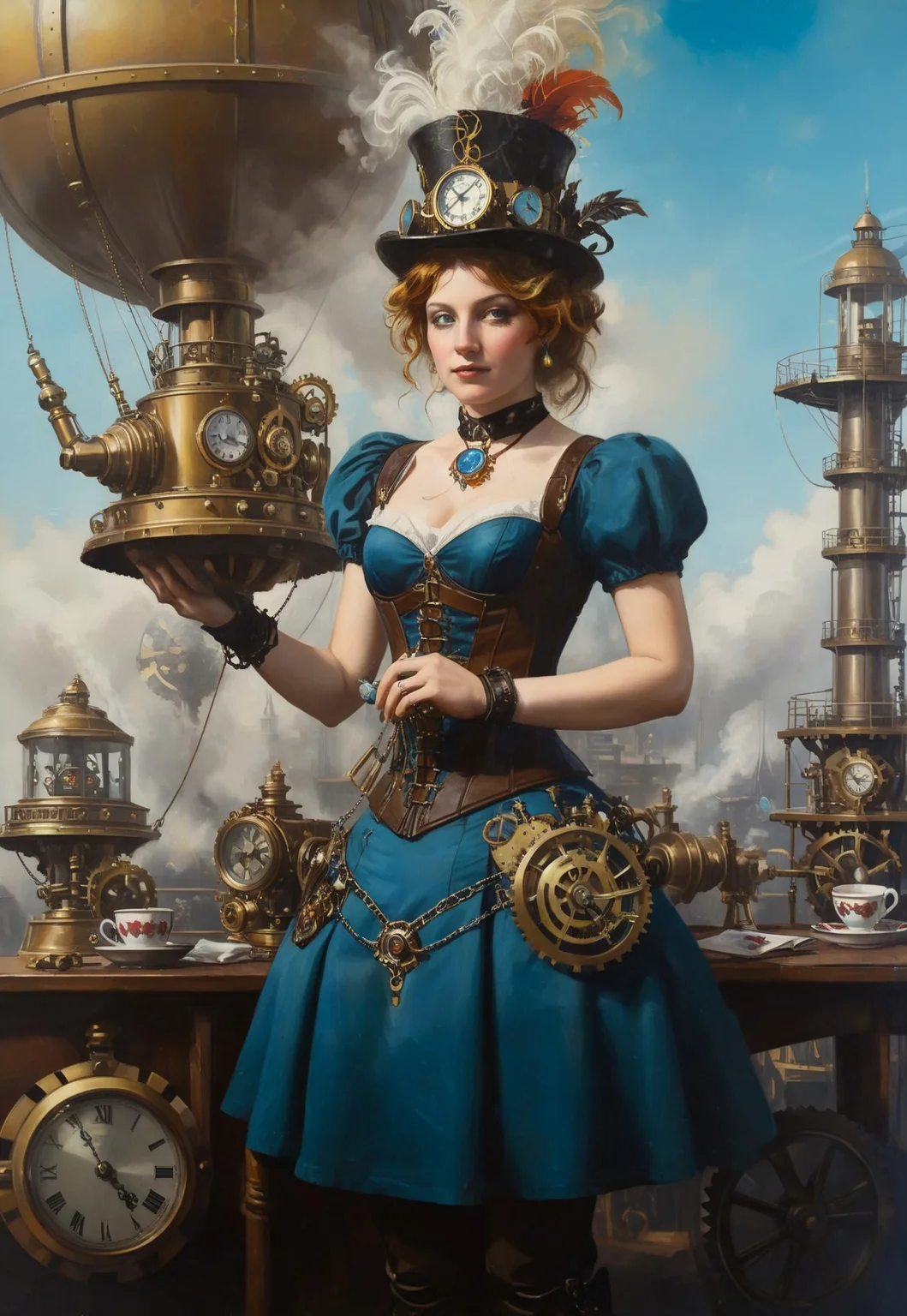 dystopian dark ambient, illustration,oil painting, carravagio painting styles, rembrandt painting style,
Imagine Alice in a steampunk-inspired Wonderland, filled with intricate brass machinery, steam-powered contraptions, and clockwork creatures. Alice, now a daring inventor, wears a corset-laced blue dress with leather accents, a pocket watch on a chain, and goggles perched atop her head. The Mad Hatter hosts tea parties with mechanical teapots pouring endless cups, while the Cheshire Cat appears as a hologram projected by gears and spinning disks. The Queen of Hearts rules a vast industrial empire, her minions clad in iron armor with gears churning as they move. The landscape is a mix of Victorian elegance and industrial chaos, with airships floating in the smog-filled skies and sprawling mechanical gardens powered by steam vents. The atmosphere is vibrant yet gritty, a blend of whimsy and the hard edges of industrial ingenuity
easynegative, extremely detailed, cellulite, a painting, in the style of robert-bechtle