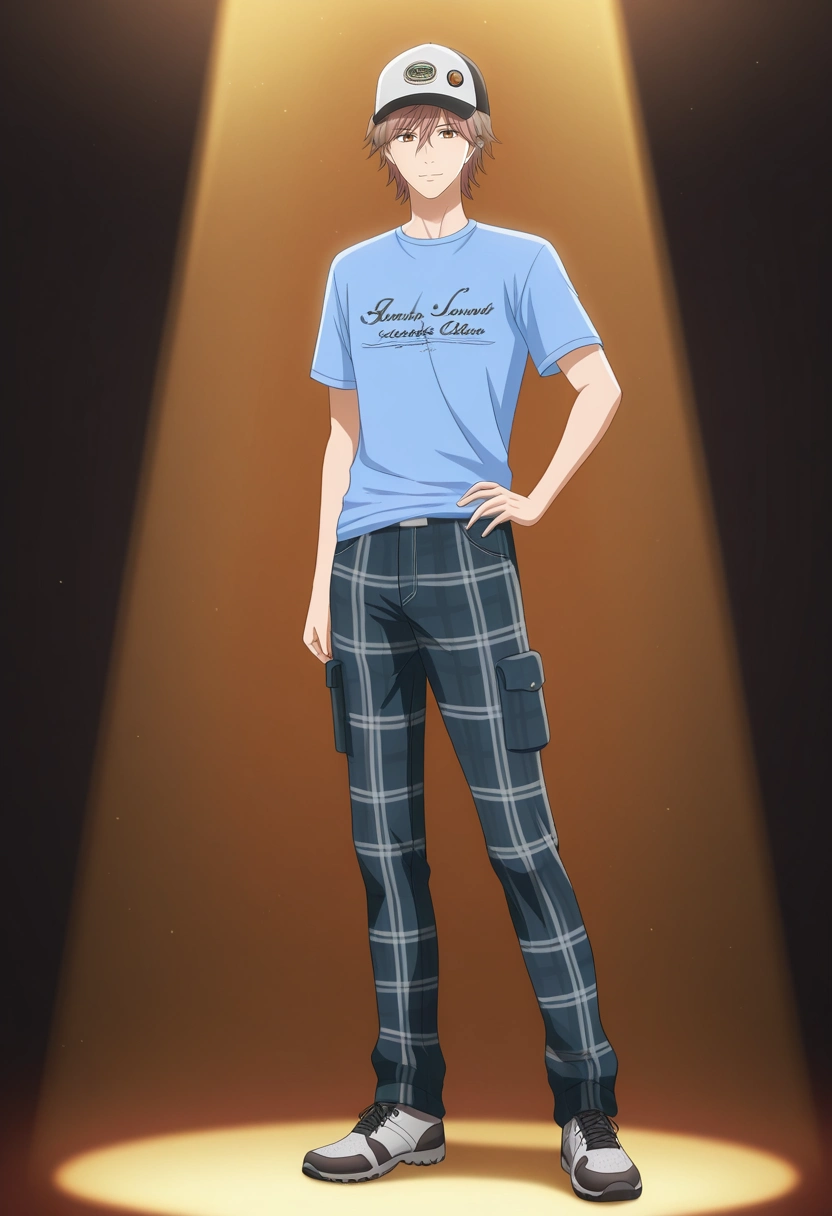 masterpiece, best quality, intricate details, (photorealistic:0.6), looking at viewer, 1boy, solo, male focus, <lora:taichi_mashima_ilxl:0.98>, taichi_mashima, brown hair, brown eyes, short hair, bangs, hair between eyes, blue shirt, high-end boutique, polished mirrors, standing by display, one hand on hip, confident expression, soft spotlight, Tartan Dark orange Sateen Hiking pants, Silk Silver Striped Western denim shirt, Driving shoes, Baseball cap,