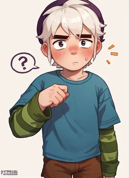score_9, score_8_up, score_7_up, 1boy, <lora:bs_gus:1> bsgus ,green sleeves , aged down, blue shirt ,brown shorts , white hair ,Striped sleeves ,purple headwear , looking at viewer, <lora:PossumMachine:1>posmach , blush, confused, ??,