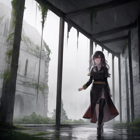 best quality, rain, fantasy, walking through ruined ancient buildings, 1girl,  detailed clothing, glowing eyes,