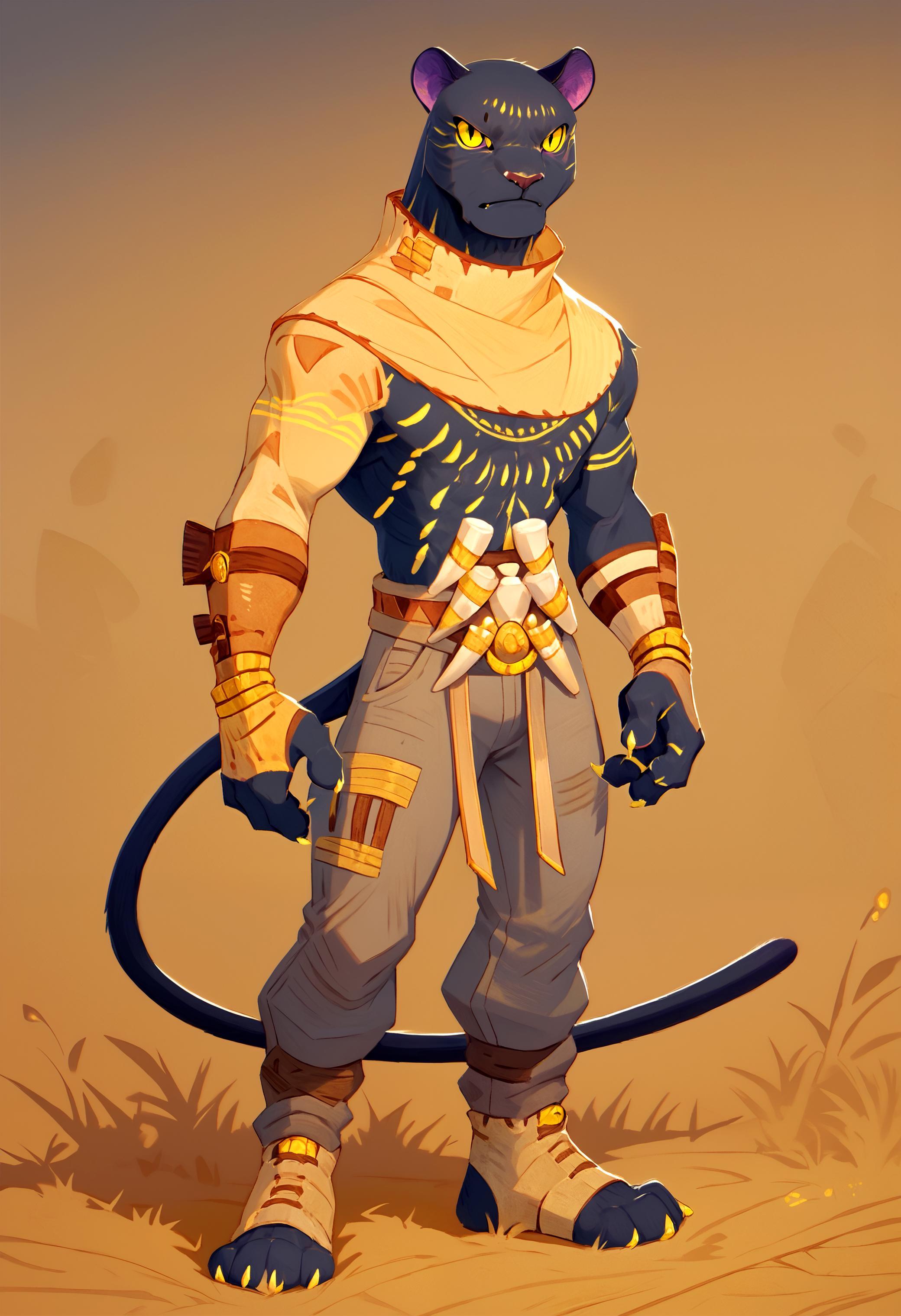 score_9, score_8_up, score_7_up, solo, 1boy,  <lora:SethAFK_Journey-000004>, seth, furry male, panther, yellow markings, black fur, black slit pupils, yellow eyes, yellow sclera, panther ears, looking at viewer, pants, clothes, pants, full body,  outside,