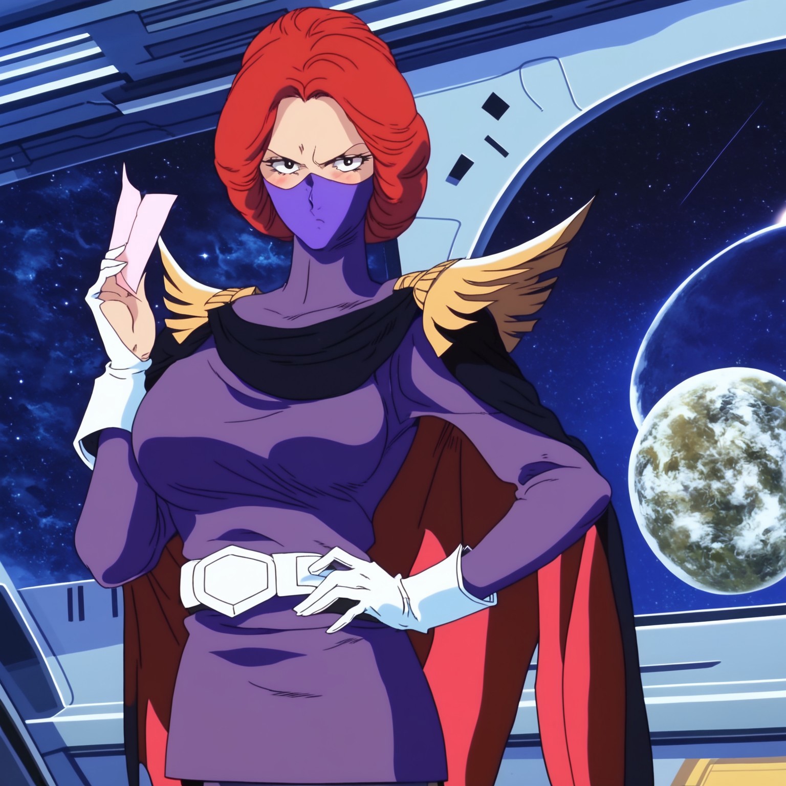 safe_pos, anime screencap, anime coloring, <lora:FGKycilia:0.9>, FGKyciliaM, 1girl, solo, red hair, helmet, no ears, mask, black eyes, breasts, military uniform, belt, cape, white gloves, pants, serious, v-shaped eyebrows, blush, looking at viewer, pinup (style), spacecraft interior, full body, space, star (sky), window, pose, bed, curvy, holding, envelope, holding envelope, love letter, large breasts, pastel colors, a futuristic bedroom,