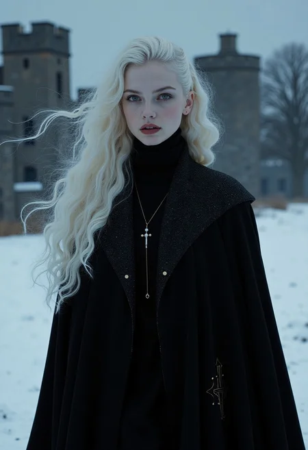 magical night, Stunning beautiful, masterpiece, best quality, extremely detailed photo, super realistic photo, dramatic photo, spiritual, magical mysterious atmosphere, Halloween, creepy vampire, beautiful vampire girl, girl 25 years old, front view, white long hair, slightly curly hair, hair fluttering in the wind, long black coat, vintage style, pale skin, vampire, black straight cut coat, snow on the shoulders, winter, snow falling, field in snow, vampire walking through snowdrifts, vampire knee-deep in snow, medieval castle in the background, haunted castle, a luxurious suit made of expensive fabrics, thick fabrics in clothes, winter, twilight, pale skin, night, snow, wind, cold, creepy atmosphere, photo for fashion magazine, photo in vanity fair style, masterpiece, detailed, best quality, highly detailed portrait, high quality, 34K uhd, masterpiece, high detail, 8k