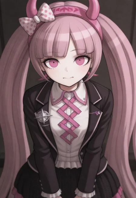 masterpiece, best quality, amazing quality, kotoko, pink hair, pink eyes, long hair, very long hair, twintails, blunt bangs, horned hairband, bow,