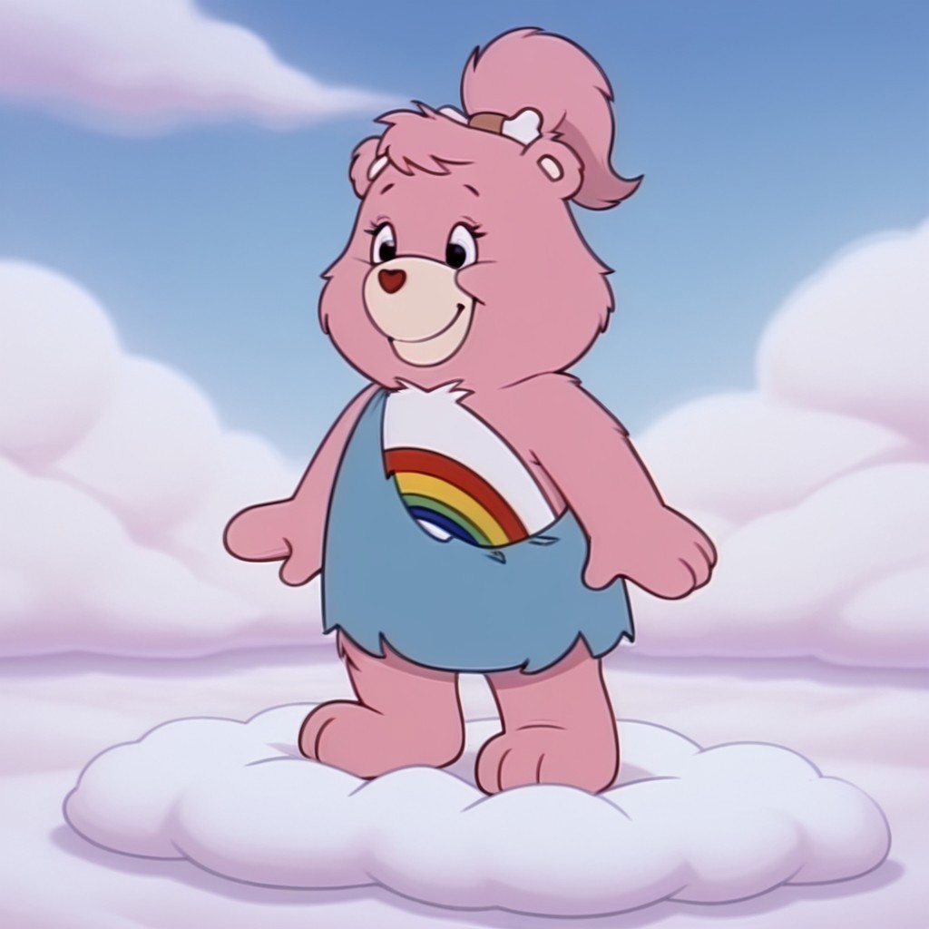 masterpiece, best quality, amazing quality, cheerbearil, semi-anthro, female, bear_girl, pink fur, black eyes, tummy symbol, blue dress one shoulder strap, bone hair-ornament, ponytail, torn clothes, standing, on a cloud, smile
