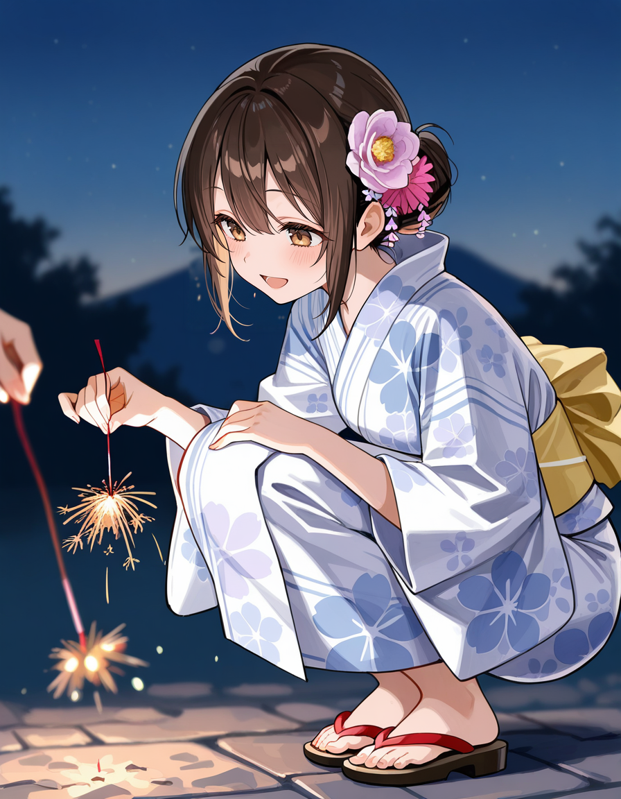 score_7_up, anime BREAK official art, solo, 1girl, one girl, 
<lora:temochihanabi:1>, temochihanabi, 
multiple girls, sparkler, fireworks, 2girls, smile, hair ornament, flower, hair flower, squatting, sandals, yukata, night, outdoors, open mouth, blurry background, blurry, floral print, white kimono, 
(masterpiece:1.3), best quality, high resolution, unity 8k wallpaper, extremely detailed CG, 8K, (watercolor \(medium\), muted color, sketch:1.1), perfect anatomy, highly finished, masterpiece, best quality, high quality, amazing quality, great quality, very aesthetic, ultra detailed, highres, absurdres, highly detailed, highly detailed background,