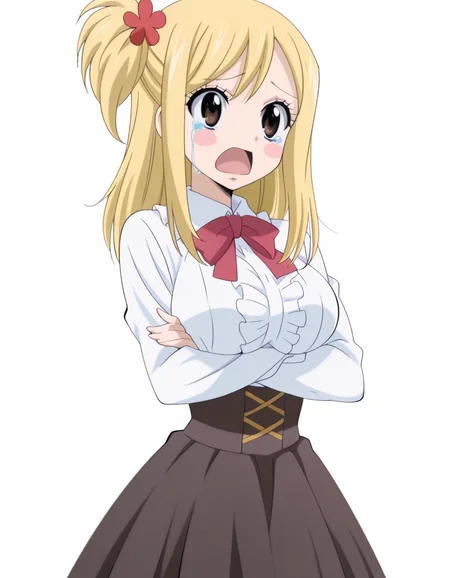 masterpiece, best quality, amazing quality,, <lora:lucy-heartfilia-s1s3s7-illustriousxl-lora-nochekaiser:1>, lucy heartfilia, hair ornament, one side up, long hair, blonde hair, brown eyes, mature female, breasts, anime screencap, <lora:virgin-killer-outfit-illustriousxl-lora-nochekaiser:1>, virgin killer outfit, meme attire, high-waist skirt, center frills, frilled shirt, underbust, aran sweater, frilled shirt collar, red bowtie, frills, skirt,, <lora:kung-fu-illustriousxl-lora-nochekaiser:1>, kung fu, martial arts, training, fighting stance, cowboy shot, crossed arms, tearing_up,crying_with_eyes_open,blush_stickers, open mouth, <lora:transparent-background-illustriousxl-lora-nochekaiser:1>, transparent background, simple background, white background, ,