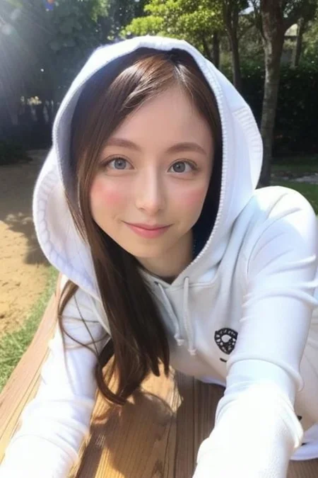 Nsfw, Original face, ((Original eyes shape)) , (((Small breasts))) , flat chest small breasts woman,  Seductive position, erotic position, attractive position, best quality, photo realistic portrait , see through  bra, pale skin long curly wavy hair,  Naked beach open hoodie