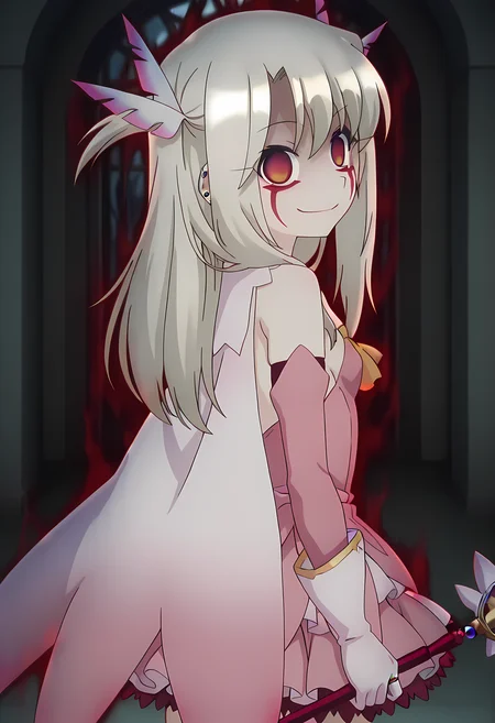 masterpiece,best quality,amazing quality,
1girl, solo,
multicolored hair, blonde hair, pink hair, long hair, multicolored eyes, ear piercing, earrings, pink nails, ring,
Illya, 1girl, petite, long hair, bangs, blonde hair, red eyes, small breasts, gloves, magical girl, wand, hair ornament, white skirt, white gloves, holding wand,
Looking back, tilting head,
cinematic, Looking at viewer, smile, evil smile,
Lens flare, bloom, night,
(Reverse Corruption, red aura, corruption, empty eyes, facial mark),
Official style, anime screencap, anime coloring,
