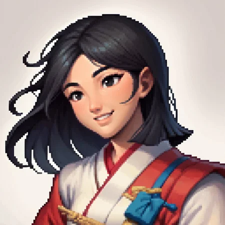score_9, score_8_up, score_7_up, source_anime BREAK, fedsportraits, portrait, white background, solo, 1girl,  mulan, asian, black hair, black eyes, hanfu, happy