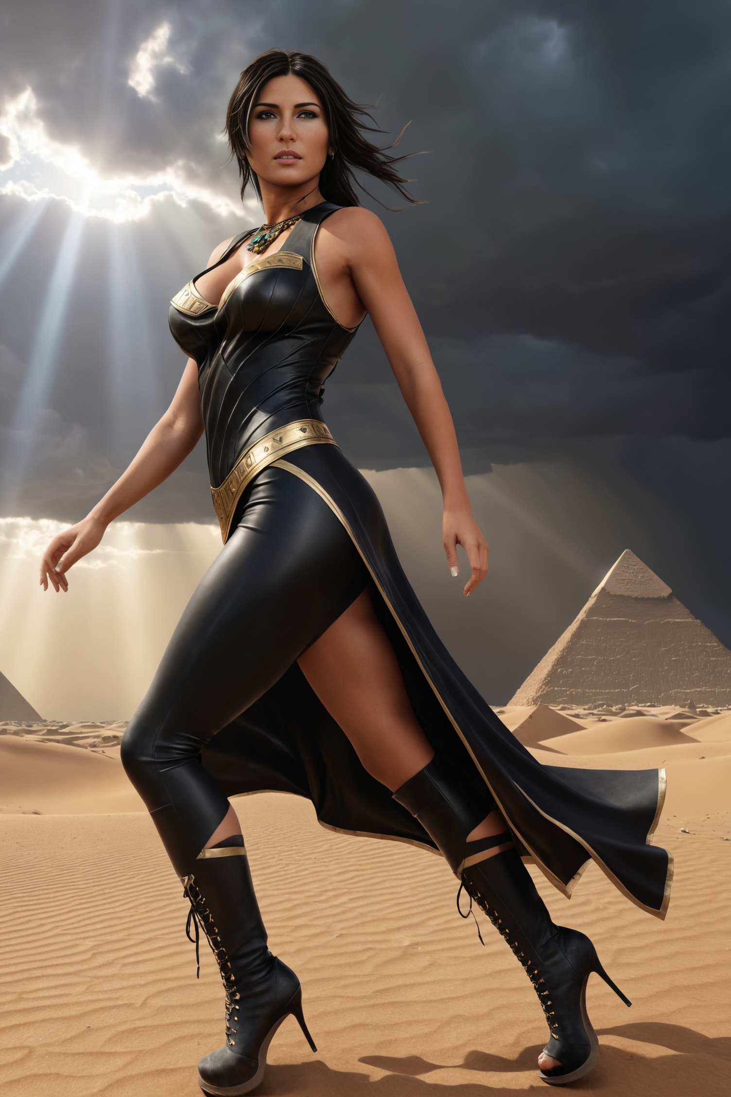 Hyperrealistic art of Photorealism <lora:LaraCroftSDXL-000007:1>, LaraCroftSDXL wearing (intricate:1.2) black latex (revealing:1.2) egyptian empress dress, running on the desert in Egypt, pyramids in the background, dark ominous clouds in the sky, god rays through the clouds, (swarm of locusts flying in the air:1.2), Photorealism, often for highly detailed representation, photographic accuracy, or visual illusion., Extremely high-resolution details, photographic, realism pushed to extreme, fine texture, incredibly lifelike