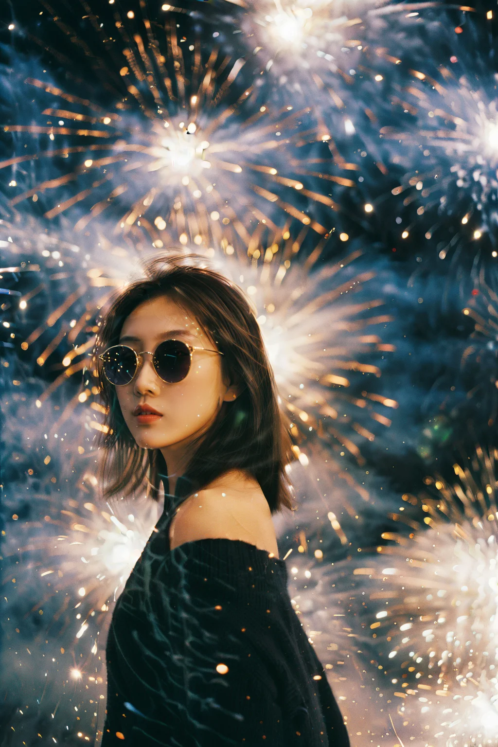 an asian girl,film grain texture,analog photography aesthetic,fire,fireworks,night,<lora:disillusion · fireworks_SDXL:1>,sunglasses,dynamic angle,upper_body,(Off-the-shoulder_sweater:1.4),