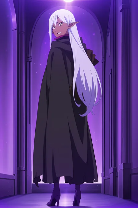 anime screencap, anime coloring, detailed face, masterpiece, best quality, very aesthetic, absurdres, volumetric lighting, official style, amazing quality, ultra detailed,  highres, amazing quality, scenery, beautiful detailed hair, beautiful detailed eyes, 
 <lora:Yao_Ro_Dushi_GATEGate_Jieitai_Kanochi_nite_Kaku_Tatakaeri:1>
Yao Ro Dushi cloak outfit, Yao Ro Dushi (character), solo, 1girl, high heels, pointy ears, yellow eyes, white hair, from behind, purple theme, elf, dark skin, bag, standing, cloak, long hair, purple hair, hood, looking back at the viewer, grin