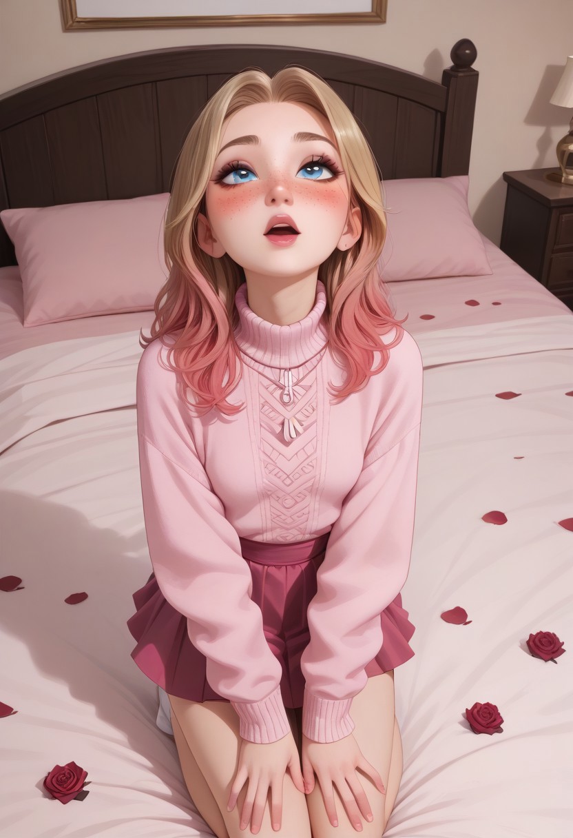 score_9, score_8_up, score_8, semi realistic, (perfect detailed face, detailed fingers, perfect face, detailed eyes). solo,
 ((1girl)), slim, small breasts, long hair, blonde hair dyed brown, pink ombre, pink inner hair, multicolored hair, blue eyes, freckles, dark makeup, 
pink winter sweater, short skirt,
blush, on knees, on bed, looking up,
pink bedroom,  girly bedroom, roses, rose petals, rose petals on bed, valentine, romantic atmosphere,