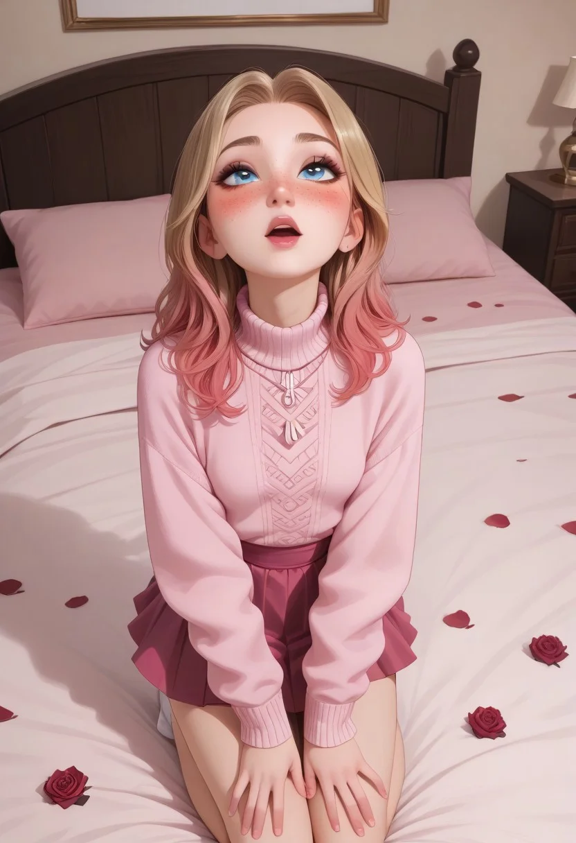 score_9, score_8_up, score_8, semi realistic, (perfect detailed face, detailed fingers, perfect face, detailed eyes). solo,
 ((1girl)), slim, small breasts, long hair, blonde hair dyed brown, pink ombre, pink inner hair, multicolored hair, blue eyes, freckles, dark makeup, 
pink winter sweater, short skirt,
blush, on knees, on bed, looking up,
pink bedroom,  girly bedroom, roses, rose petals, rose petals on bed, valentine, romantic atmosphere,