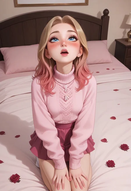 score_9, score_8_up, score_8, semi realistic, (perfect detailed face, detailed fingers, perfect face, detailed eyes). solo,
((1girl)), slim, small breasts, long hair, blonde hair dyed brown, pink ombre, pink inner hair, multicolored hair, blue eyes, freckles, dark makeup,
pink winter sweater, short skirt,
blush, on knees, on bed, looking up,
pink bedroom, girly bedroom, roses, rose petals, rose petals on bed, valentine, romantic atmosphere,
