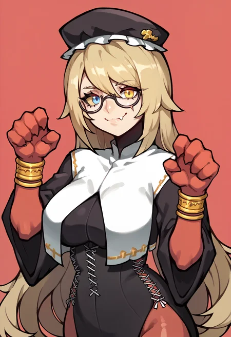 score_9, score_7_up, 1girl, upper body, looking at viewer, smirk, fang, paw pose, <lora:DominiqueBS-pdxl:1> dmROTN, long hair, hat, blue eyes, yellow eyes, black sclera, heterochromia, scar on face, glasses, semi-rimless eyewear, black habit, large breasts, long sleeves, wide sleeves, red elbow gloves, bracelet, red pantyhose, red background