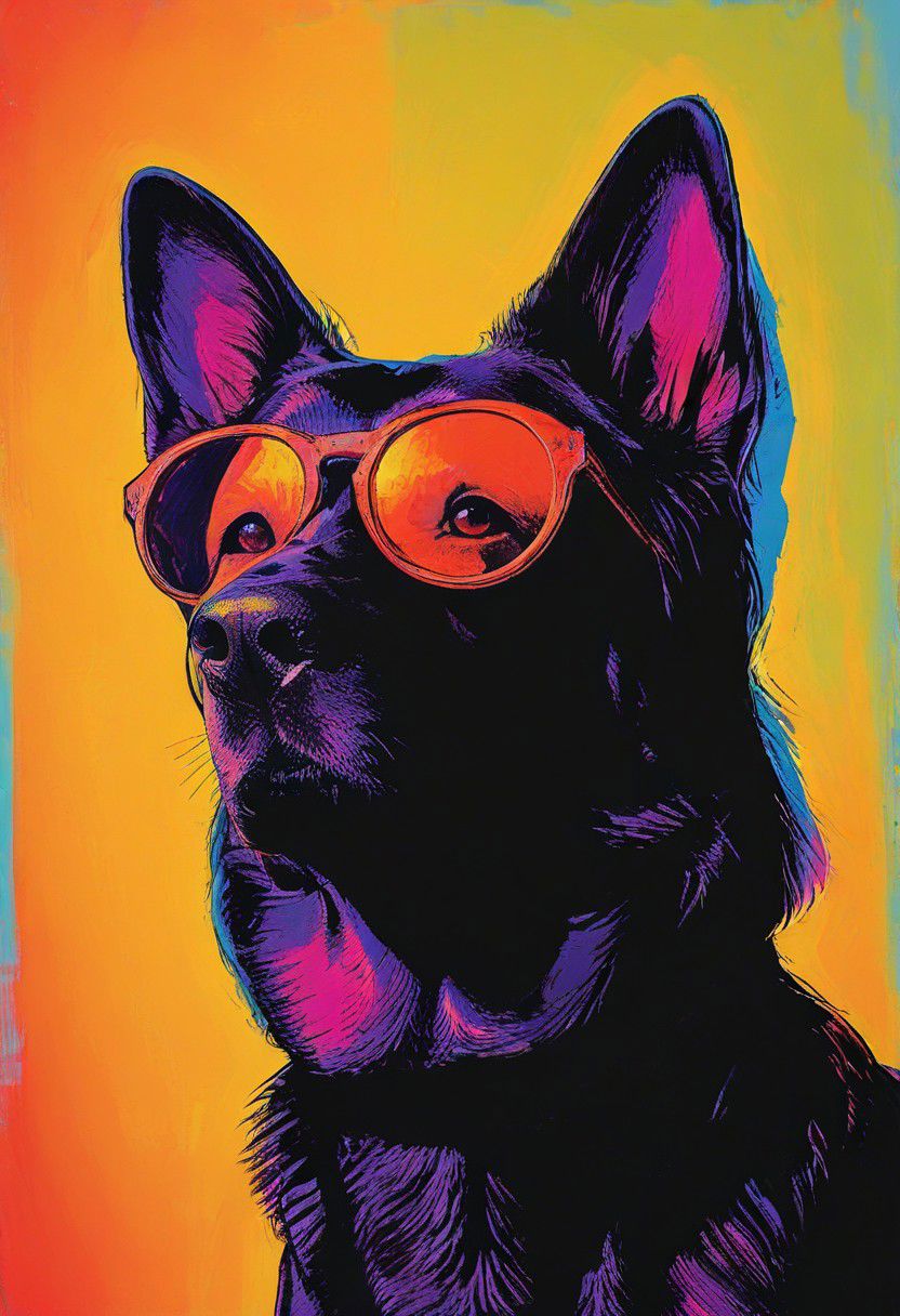 impactful color paint of, a german shepherd dog wearing dark sunglasses, highly detailed, vibrant colors , 8k, sharp, professional, clear, high contrast, high saturated, , vivid deep blacks, crystal clear