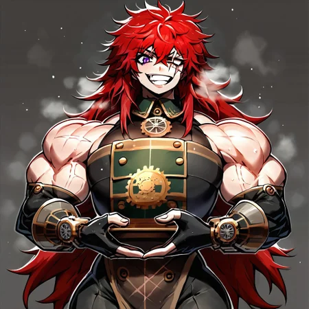 Score_9, score_8_up 1 girl, hyper muscular girl,solo, Bulletproof woman, being shoot, tomboy, (((COLD))), (((COLD))), (((Gigantic muscles))) Red hair, long hair, messy hair Purple eyes. (((Scar on left eye))), evil grin, gesugao
(((black hunter steampunk outfit))), (((single bare shoulders))),fingerless gloves,(((Nothing in hands))), thorned collar
 Gigantic biceps, gigantic thighs, gigantic pecs, shresde muscles, thighs thicker than tarso, gigantic traps, micro head, head swallowed by traps. Traps over head (((BIG BOOBS))), big ass, tall
