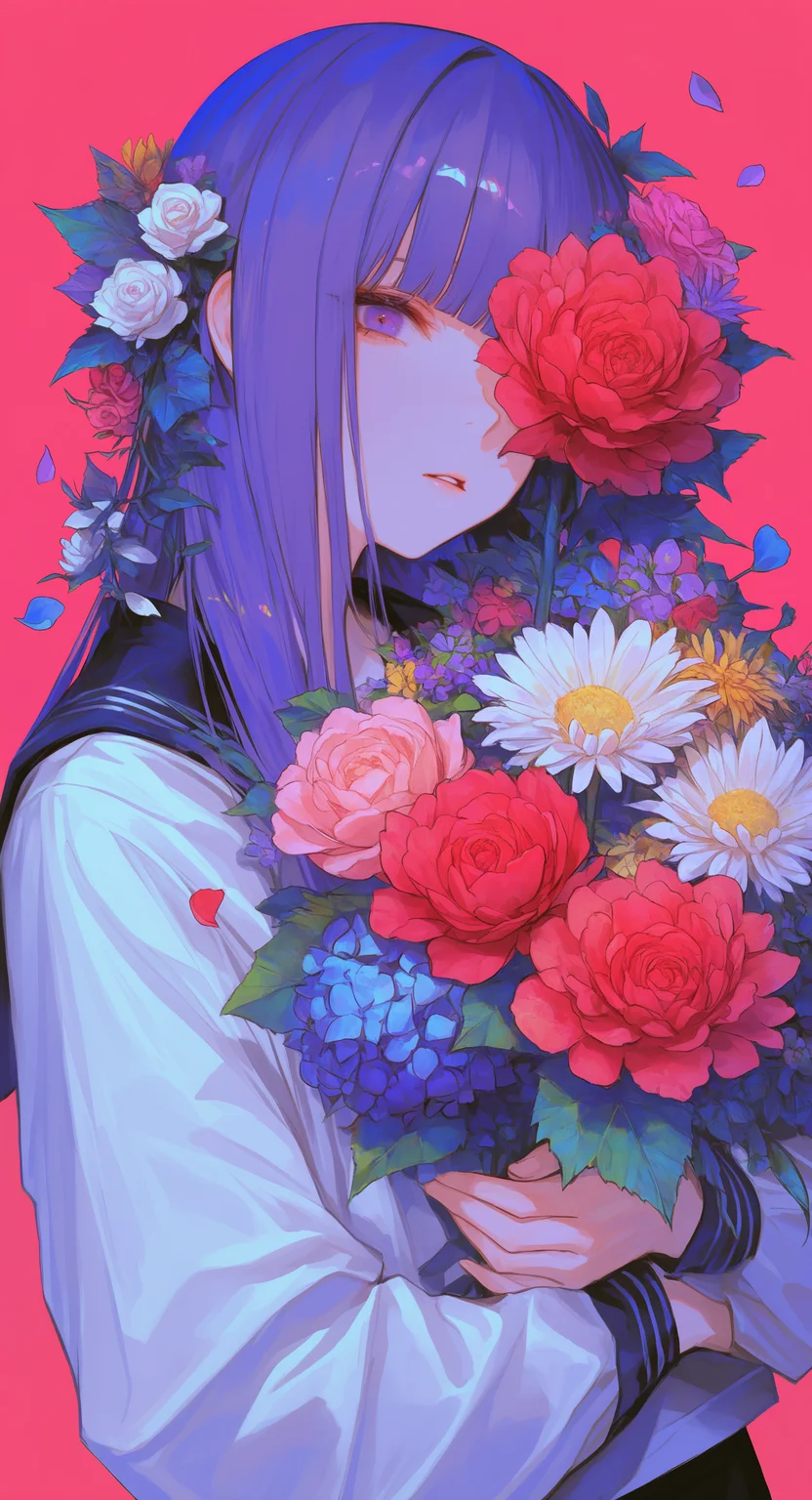 masterpiece, best quality, good quality, very awa, very aesthetic, absurdres, newest, 1girl, solo, long hair, purple eyes, purple hair, parted lips, blunt bangs, looking at viewer, holding bouquet, one eye covered, white shirt, school uniform, long sleeves, black sailor collar, serafuku, hair ornament, hair flower, bouquet, petals, leaf, floral print, rose \(flower\), daisy \(flower\), peony \(flower\), chrysanthemum \(flower\), hydrangea \(flower\), orange flower, red rose, pink rose, white flower, red flower, pink flower, blue flower, yellow flower, purple flower, white rose, upper body, simple background, red background, pink background, colorful, 748cmstyle <lora:noobai_ep11_stabilizer_v0.138_fp16:0.3> <lora:NOOB_vp1_detailer_by_volnovik_v1:0.3> <lora:ponyv6_noobV1_2_adamW-000017:0.3> <lora:USNR_STYLE_XL_lokr:0.45> <lora:745cmSDXLvpred75S:0.5> <lora:dhjs_0010-noobaiXLNAIXL_vPred_V10_V1-CAME:0.7>